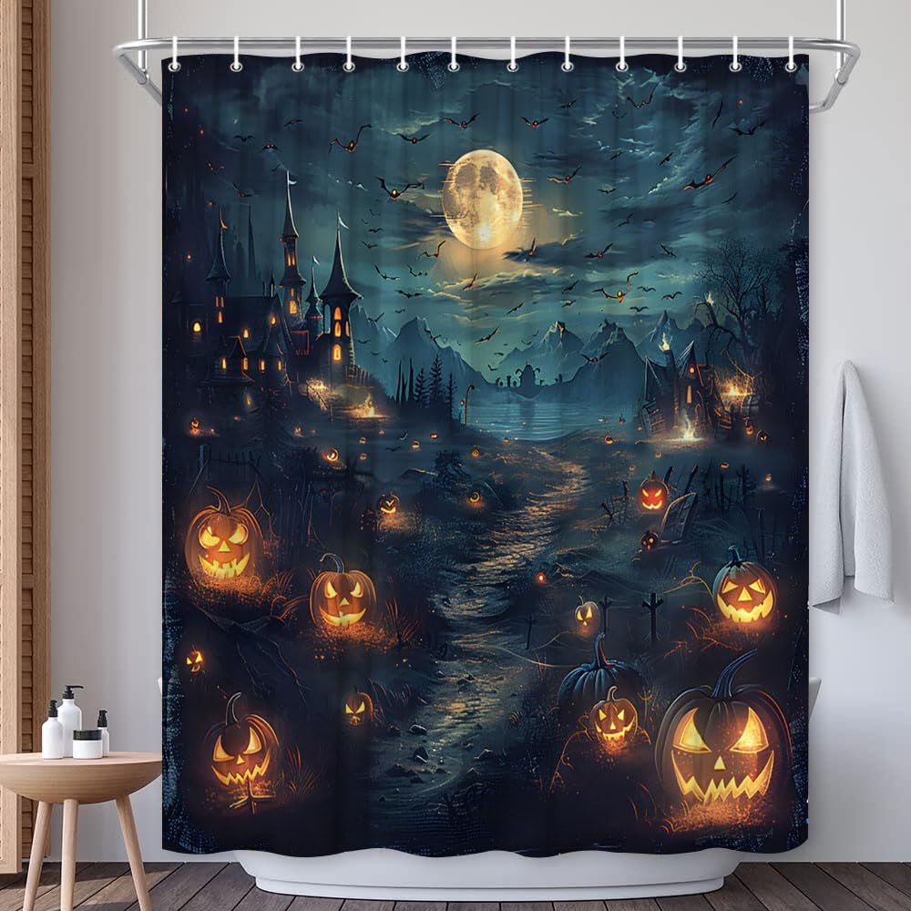 Halloween Duschvorhang Mit Gruselmotiv (Schloss, Kürbis, Wald) – 180 X 180 Cm, Polyester, Mit Haken