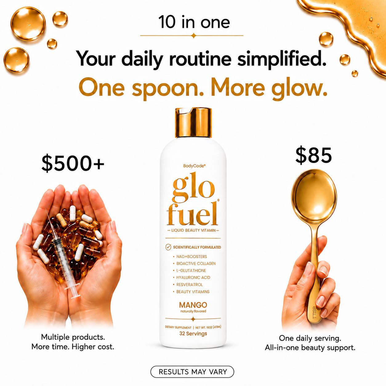 Glo Fuel NAD+ Supplement, Liquid Beauty Vitamin for Women with 300 mg Nicotinamide Riboside (NR), VERISOL® Bioactive Collagen, L-Glutathione, Resveratrol & Hyaluronic Acid | Mango | 32 Servings — Amazon image 8