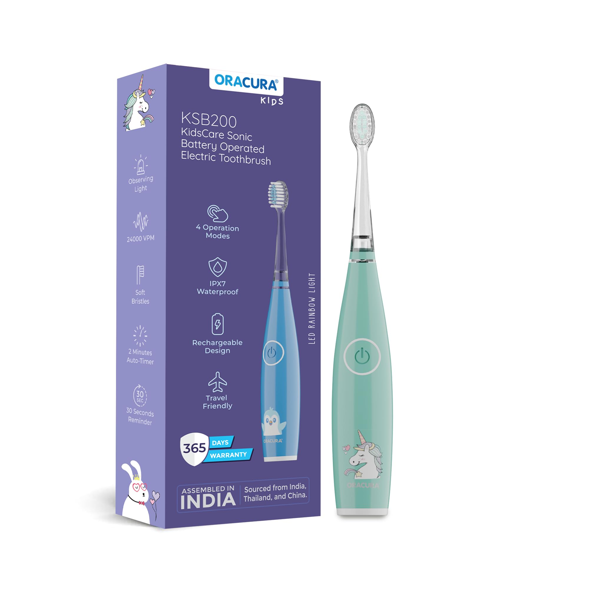 ORACURA KSB200 Kids Sonic Electric Rechargeable Toothbrush, 3–10 Years, 24,000 strokes/min, With 3 Modes, IPX7 Waterproof, Smart 2-Min Timer, Rechargeable Lithium Battery, LED & Colorful Lights (Green)-image-12
