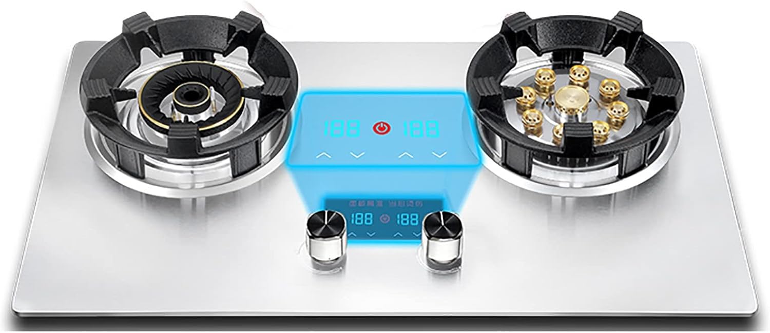 Burner Gas Cooker gas hob Built-in Gas Cooker, 2 Burners Gas Cooker, Zinc-magnesium Alloy Knob, 55°+ Anti-scalding Reminder, Independent Control, Power Display,Kitchen Accessories Cooking Ap(Blue)