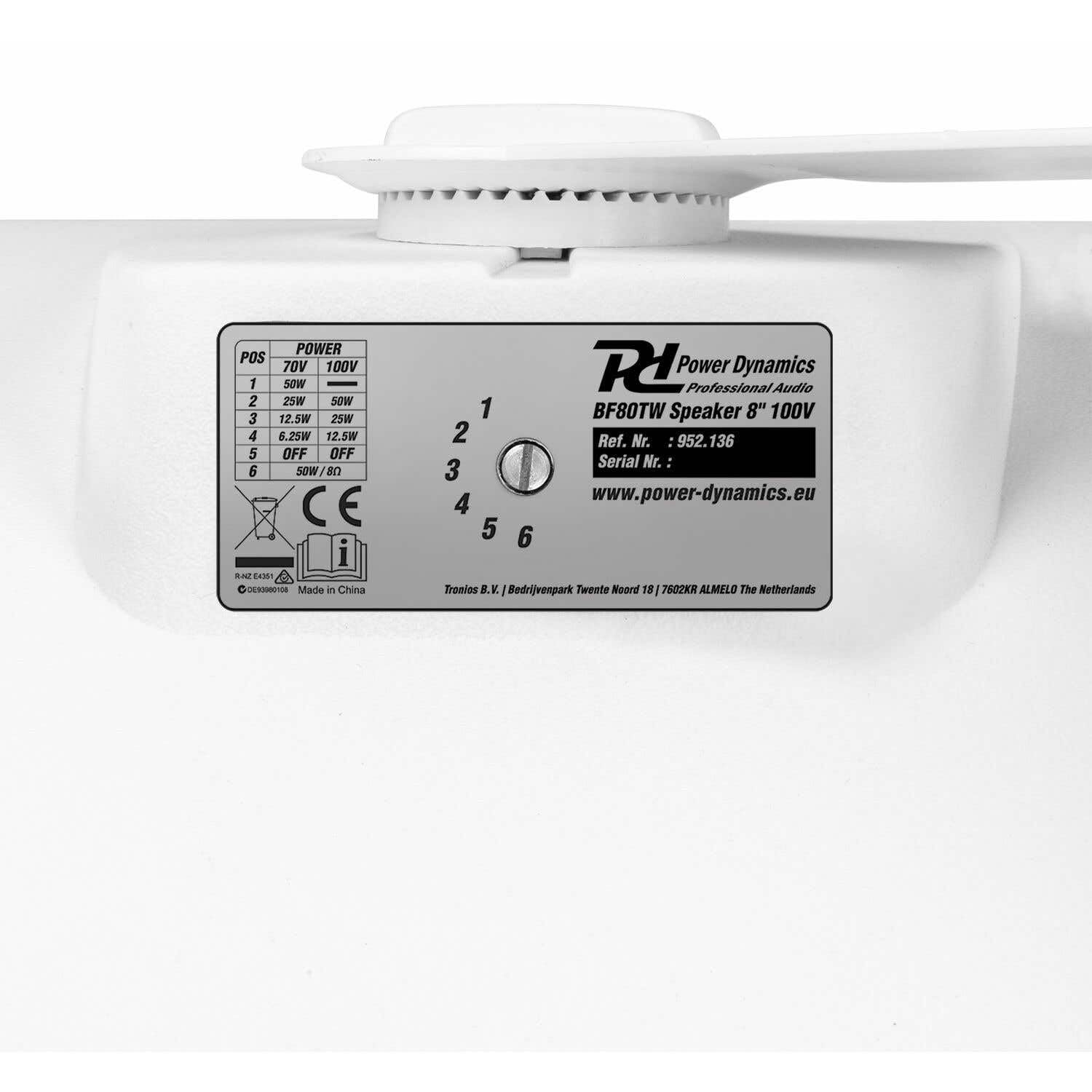 Power Dynamics BF80TB - Enceinte Haut-Parleur Blanche Résistants aux Intempéries, Puissance 50 Watts RMS, 8 Pouces, 100V ou 8 Ohms, IPX5 pour Utilisation à l'Intérieur ou à l'Extérieur