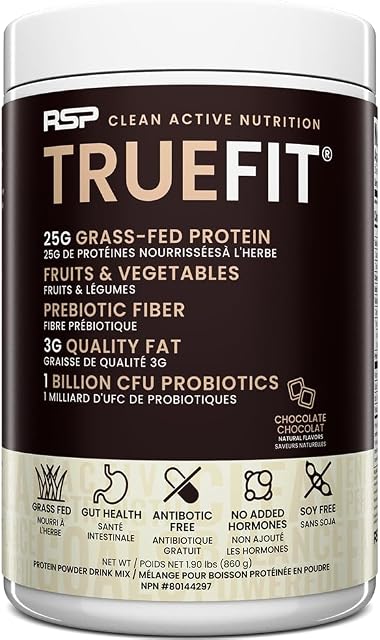 RSP TrueFit - Grass Fed Lean Meal Replacement Protein Shake, All Natural Whey Protein Powder with Fiber & Probiotics, Non-GMO, Gluten-Free & No Artificial Sweeteners, 2.16 LB Choc (Packaging May Vary)