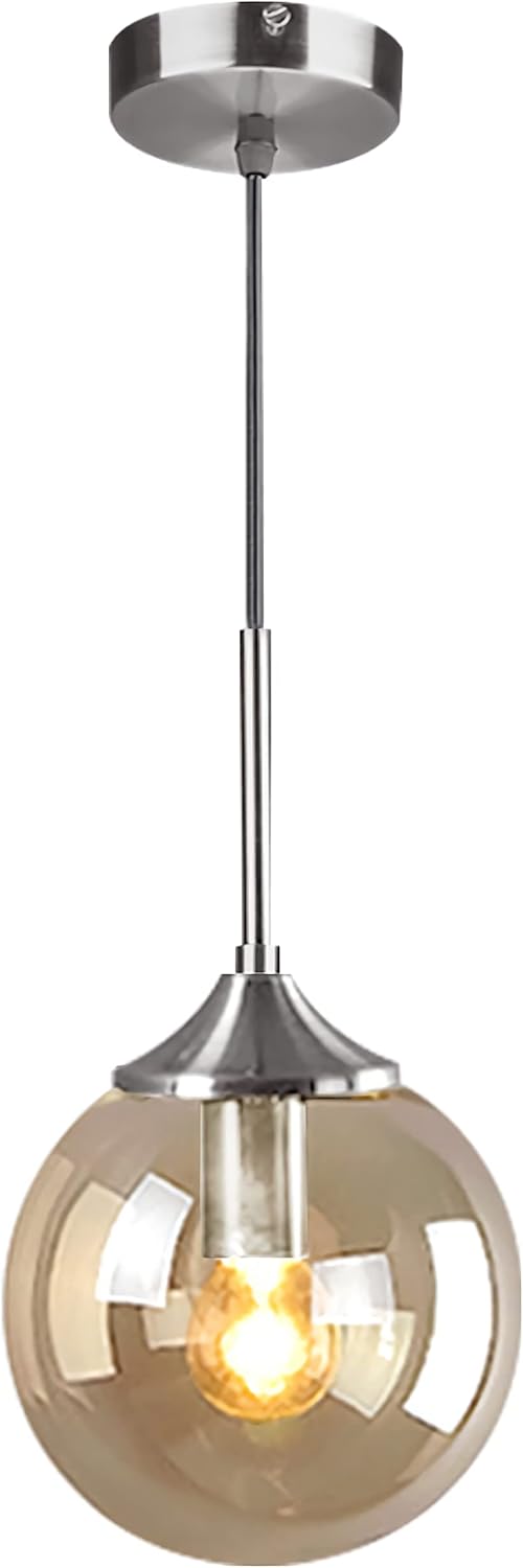 KCO Lighting Modern Glass Globe Pendant Light Nordic Brushed Nickel Pendant Lights Single Glass Ball Chandelier Adjustable Hanging Light Fixtures Kitchen Pendant Lighting Over Island (Amber) Silver+Amber