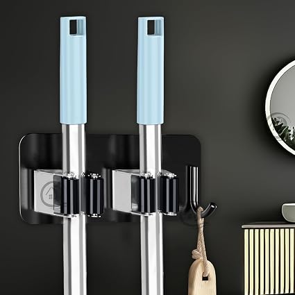 CANWAY (Black) Stainless Steel 2 Racks with 1 Hook Heavy Duty Wall Mounted Broom and Mop Stick Holder, Hanging Tools for Home Kitchen Garden Laundry Garage