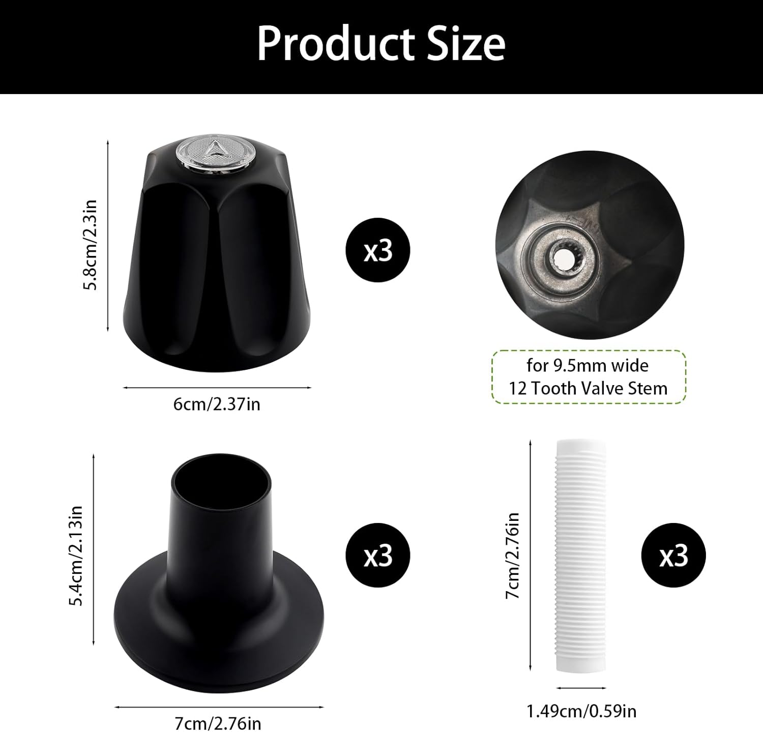 3-Piece Metal Matte Black Shower Knob Replacement Set, 3 Faucet Handle Trim Kit,Shower Knob with Base & Nipples,Compatible with Price/Pfister Verve Tub Shower Handle,Fits 12 Tooth 9.5mm Valve Stem