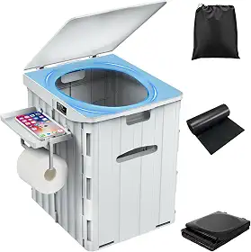 Vaso sanitário portátil extra grande para adultos, dobrável, com prateleira de telefone removível e suporte de papel higiênico, impermeável, cinza