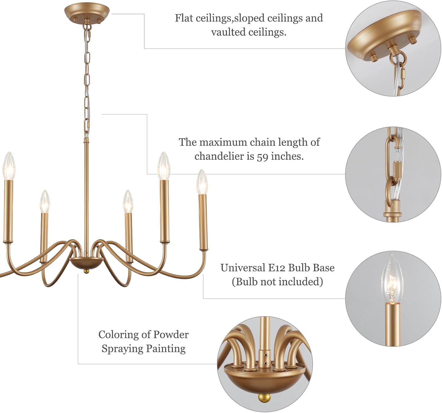 Generies Antique Spray Gold Farmhouse Chandelier, 6 Light Rustic Dining Room Light Fixtures, Modern Industrial Chandeliers Candle Ceiling Light for Bedroom Foyer Living Room Kitchen Island Entryway