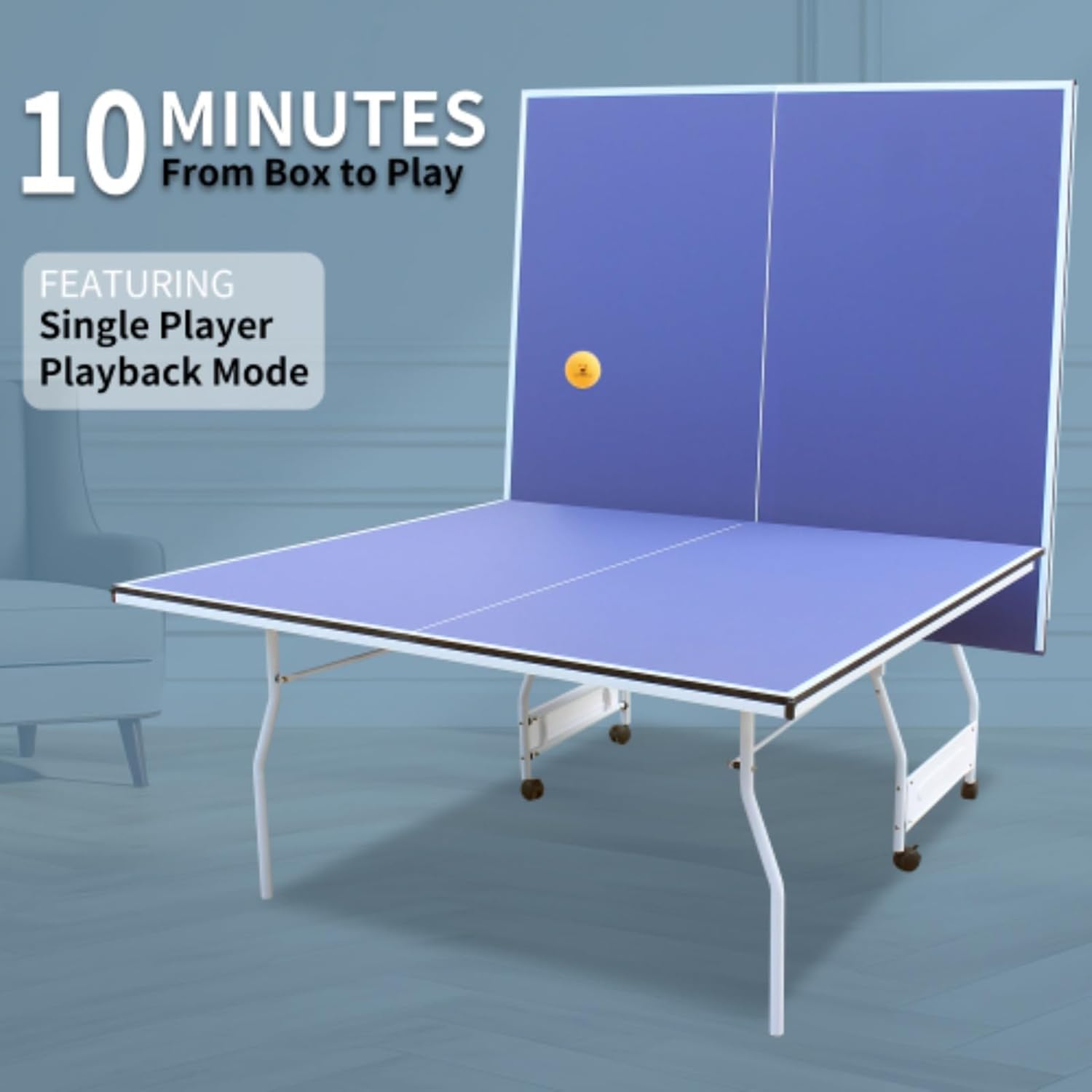 9ft Medium Table Tennis Table, Foldable Table Tennis Table, Standard Size, with Spinning Wheels, Foldable Portable Table Tennis Table Set for Indoor Games, with 2 Table Tennis Paddles and 3 Balls