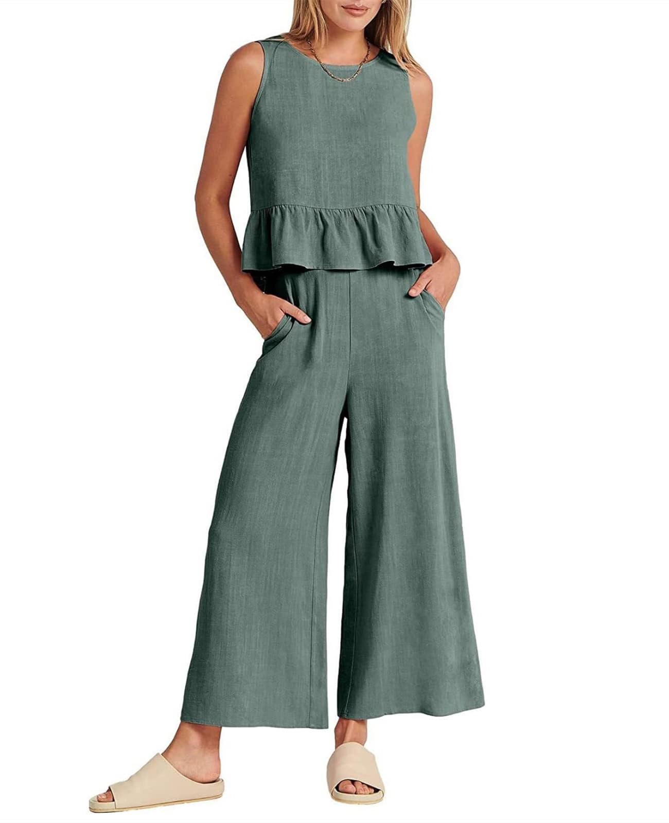 SMIMGO Conjuntos de 2 piezas de lino for mujer, conjunto de chándal de verano for mujer, ropa de salón, sin mangas, dobladillo con volantes, camisetas sin mangas + pantalones de pierna ancha, pantalones con