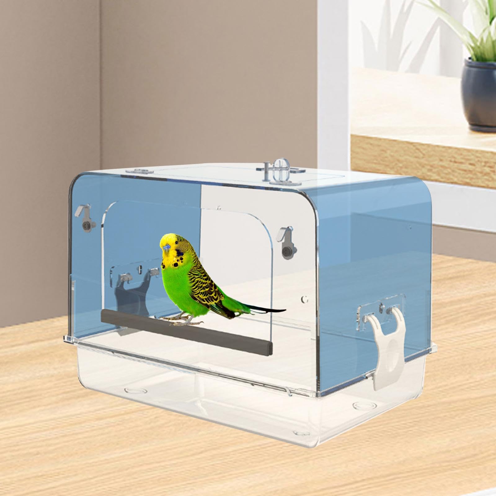 Bañera para Loros con Ganchos, Jaula para Pájaros, Caja de Baño para Cacatúas, Acrílico, Canario, Casa de Baño para Loros, Cuenco de Ducha para Loros, Azul