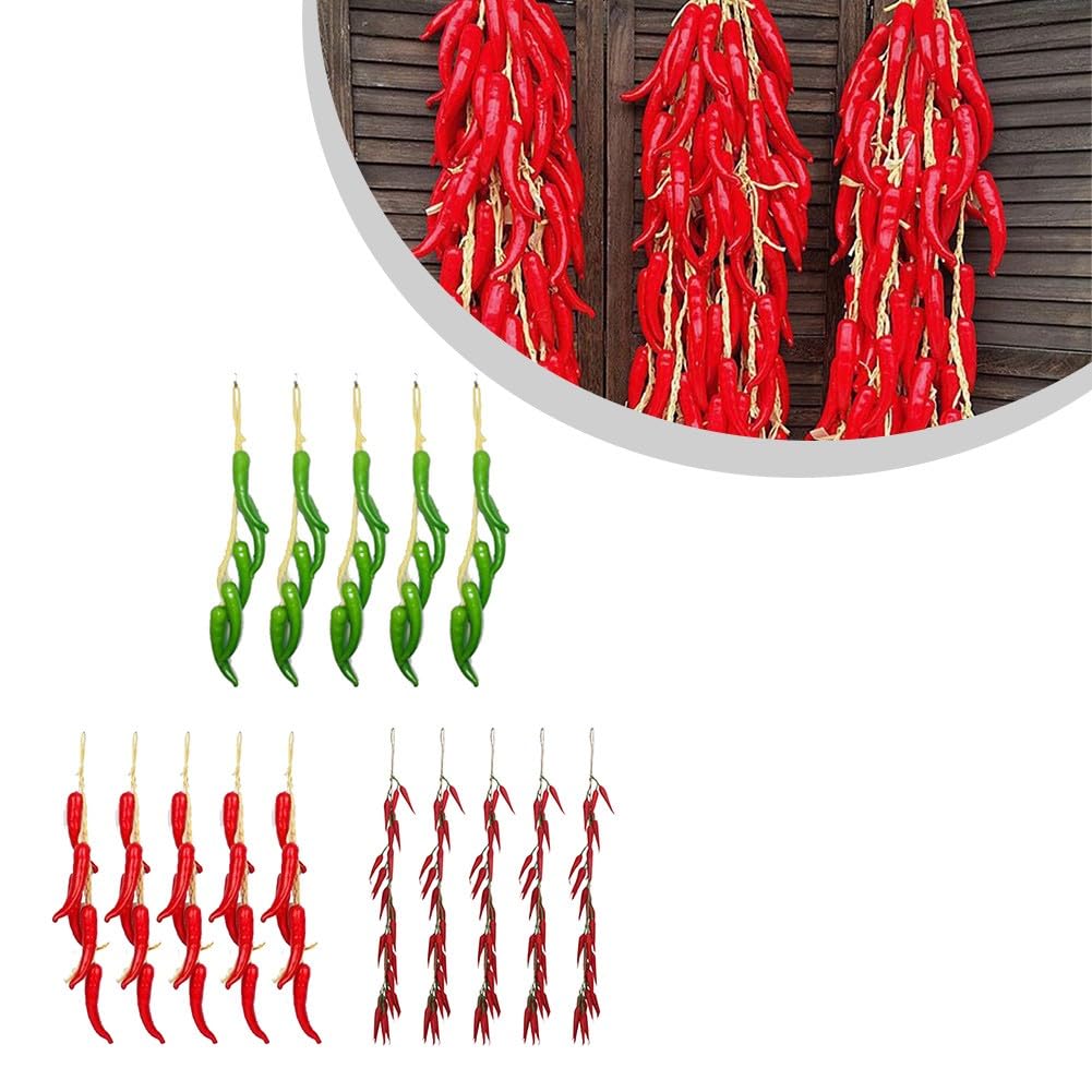 Confezione da 5 corde da appendere al peperoncino artificiale, 50-55 cm, finti peperoni rossi e verdi, per decorazione della cucina di fattoria, oggetti di scena fotografici rustici