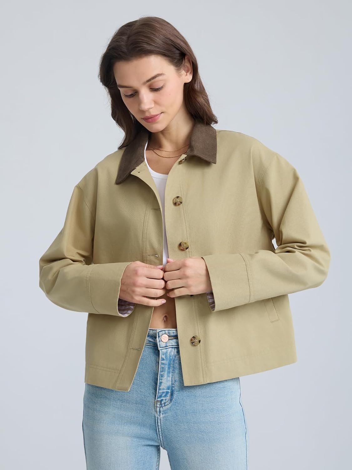 D-Sun Cropped Trench Coat Women Single Breasted Contrast Collar Oversized Casual Jacket with Checkered Lining - Image 3