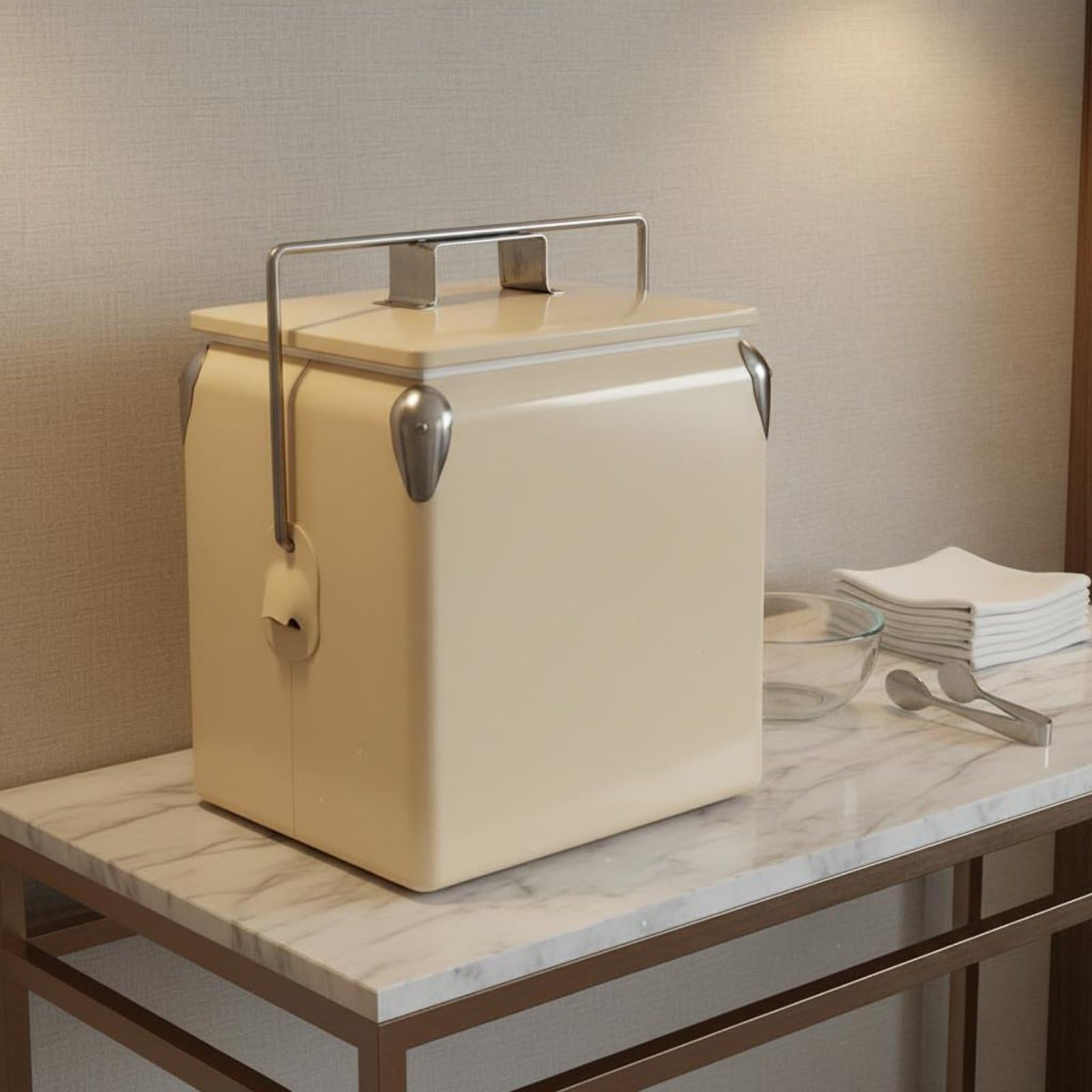 Frigorifero Portatile Borsa Termica Ghiacciaia Contenitore Isotermico in Metallo con Interno Isolato per Bevande Cassa Compatta Facile da Posizionare, Beige