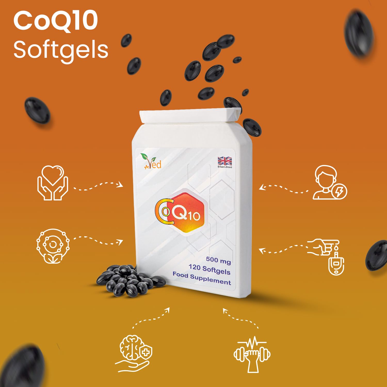 CoQ10 firmy Ved 500 mg | Ko Enzym Q10 | Najwyższa siła | Naturalnie fermentowany koenzym ubichinonu | Doskonała naturalna formuła | 500mg 120 Kaps.| Zapas na 4 miesiące