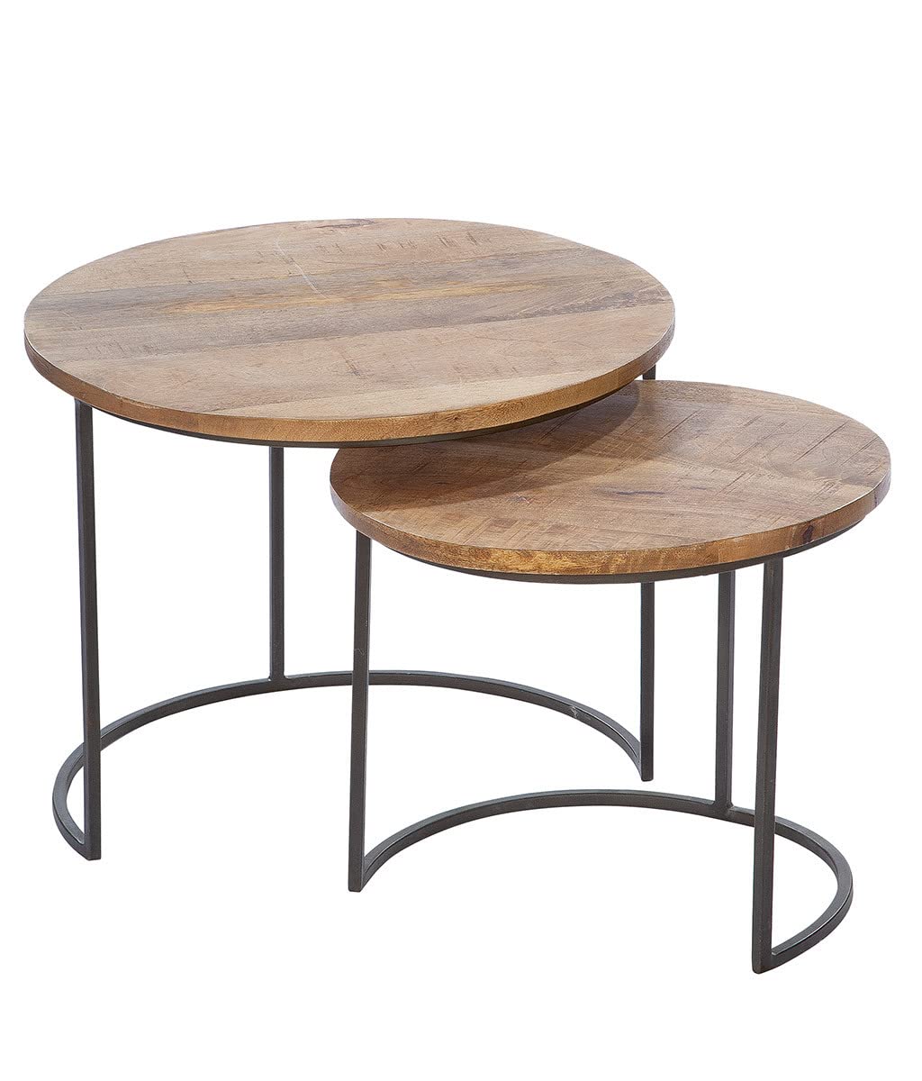 GILDE Juego de 2 mesas auxiliares Camara de Madera de Mango, Redondas, Color Natural/Negro, Recubrimiento en Polvo, Altura 45 cm x Ancho 55 cm
