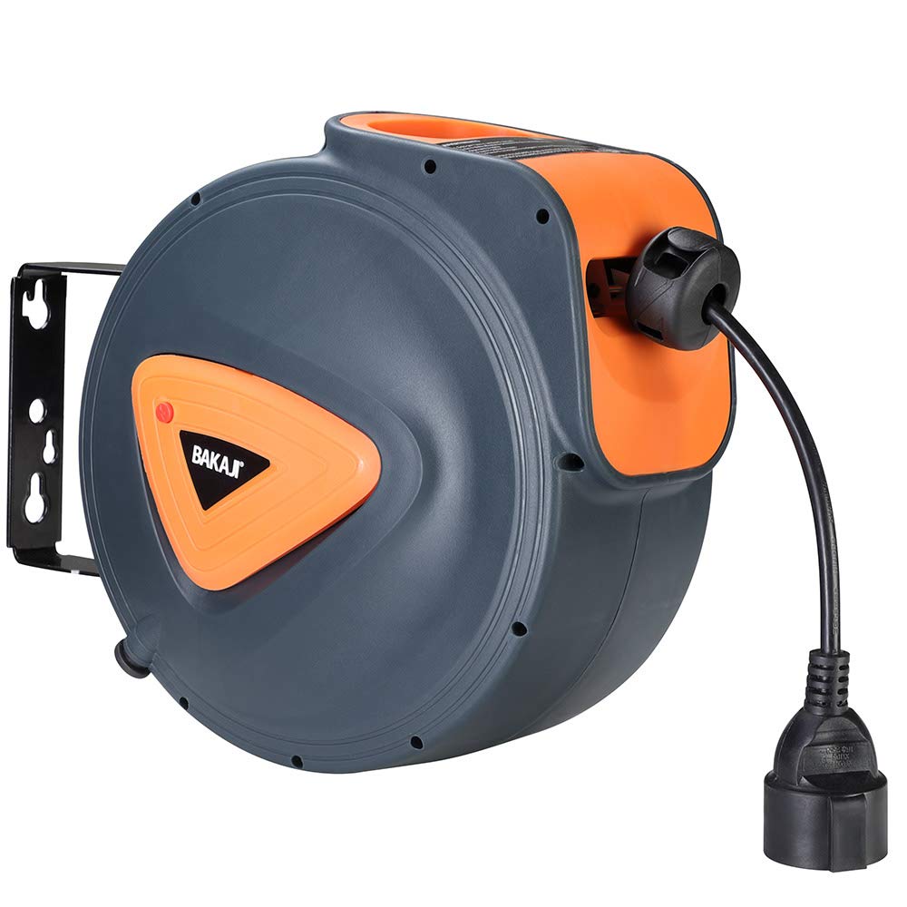 Bakaji - Enrollador de cable eléctrico con cable de 10 m, toma Shucko, fijación a la pared, sistema de bloqueo automático, ahorra espacio, accesorio enrollador de manguera alargador eléctrico