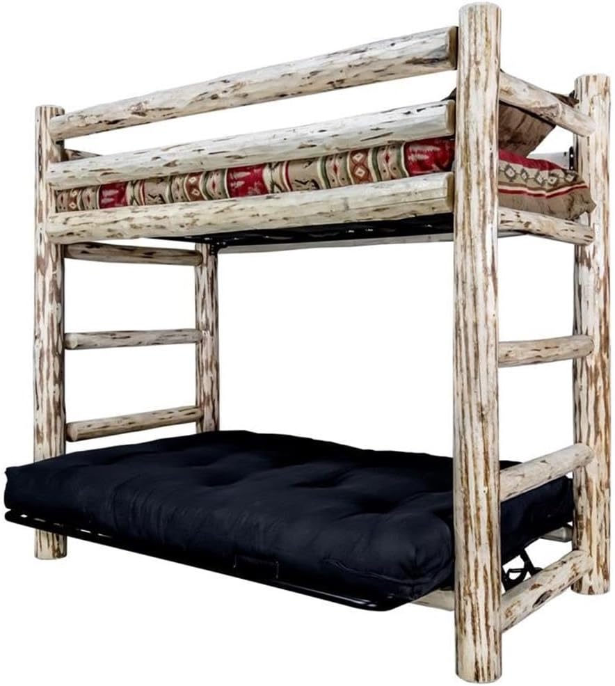 Pemberly Row Solid Wood Twin Bunk Bed Over Full Futon, Lodge Pole Pine, Handcrafted Natural Finish, Steel Hinges, Durable Mortise and Tenon Joinery, 77" H x 44" W x 87" D, Made in Montana