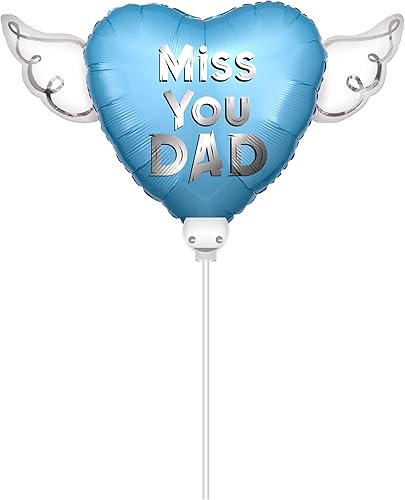 Globos celestiales en un palo Miss You Dad (azul) globo en forma de corazón con alas de ángel