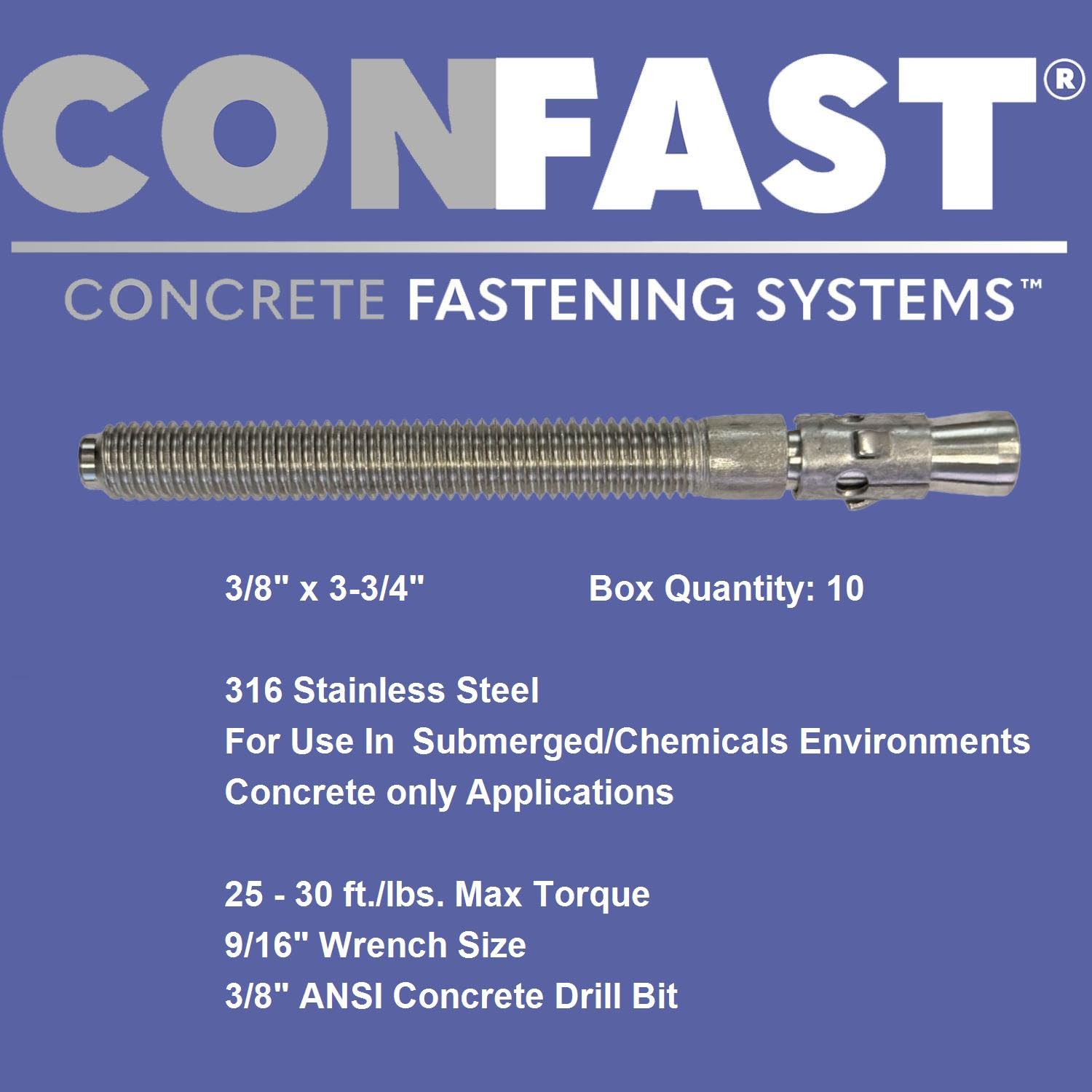 Confast 3/8" X 3-3/4" 316 in acciaio inossidabile cuneo Ancoraggio (10 per scatola)