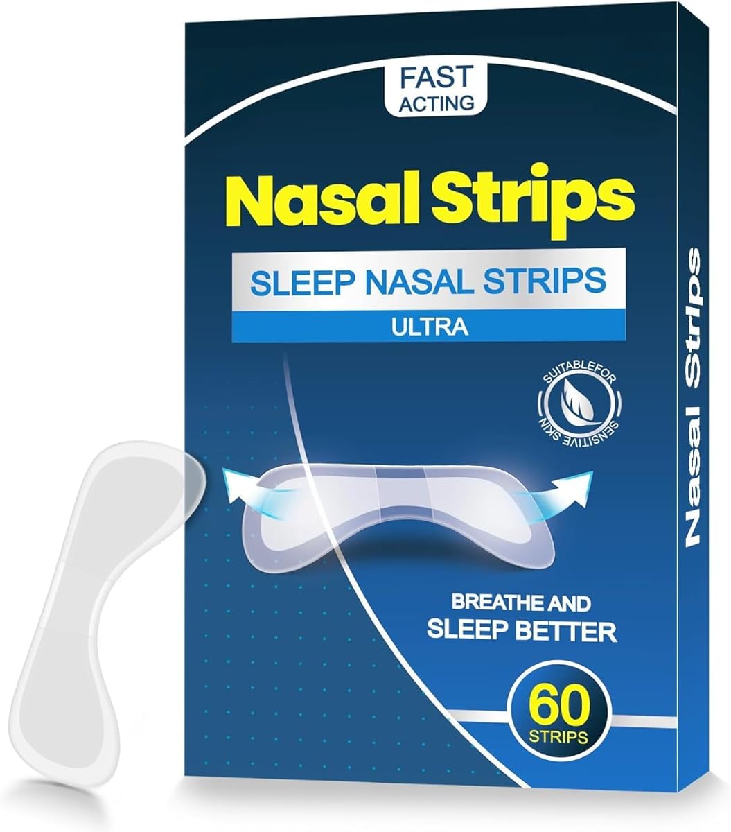 60 Pcs Nasal Strips for Snoring - Extra Strength Nose Strips for Breathing with Strong Adhesion - Sweat Resistant Design for All Day Use - Improves Sleep and Workout Performance - Clear