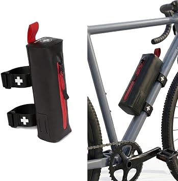 Bike First Aid Kit for Cyclists, Compact Waterproof Case, Attaches to Bike Frame, Essential Supplies for Trauma & Emergencies, Black Red