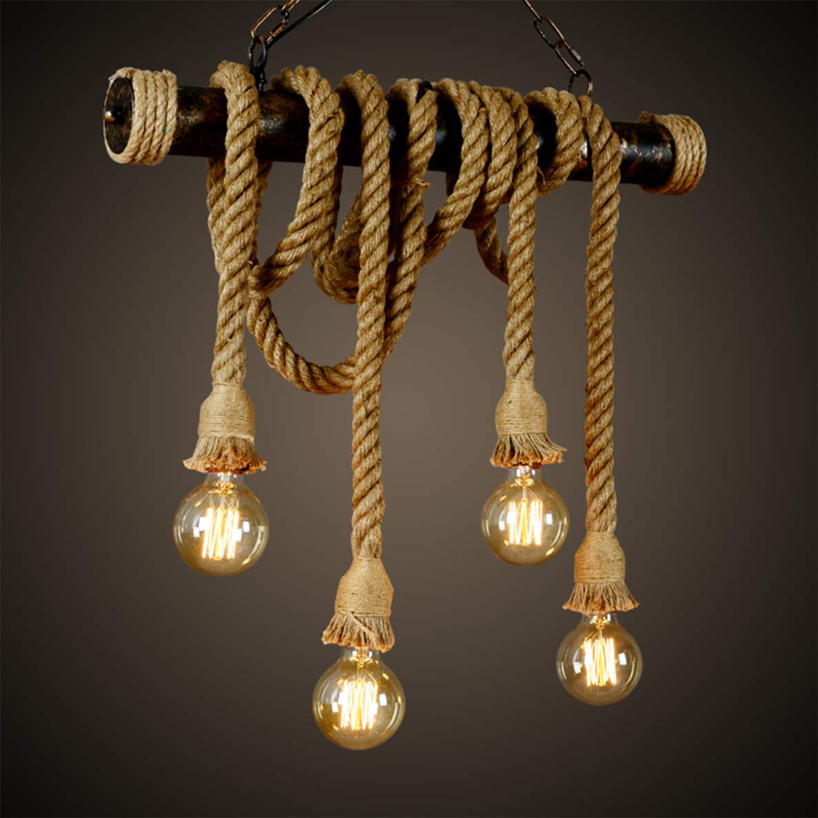 Lampa wisząca w stylu vintage z liny konopnej w stylu industrialnym, okrągły żyrandol bambusowy, z regulacją wysokości, E27 x 4, kreatywny ręcznie tkany sznurek do salonu, garażu, kawiarni, baru, na korytarz, antyczną lampę wiszącą