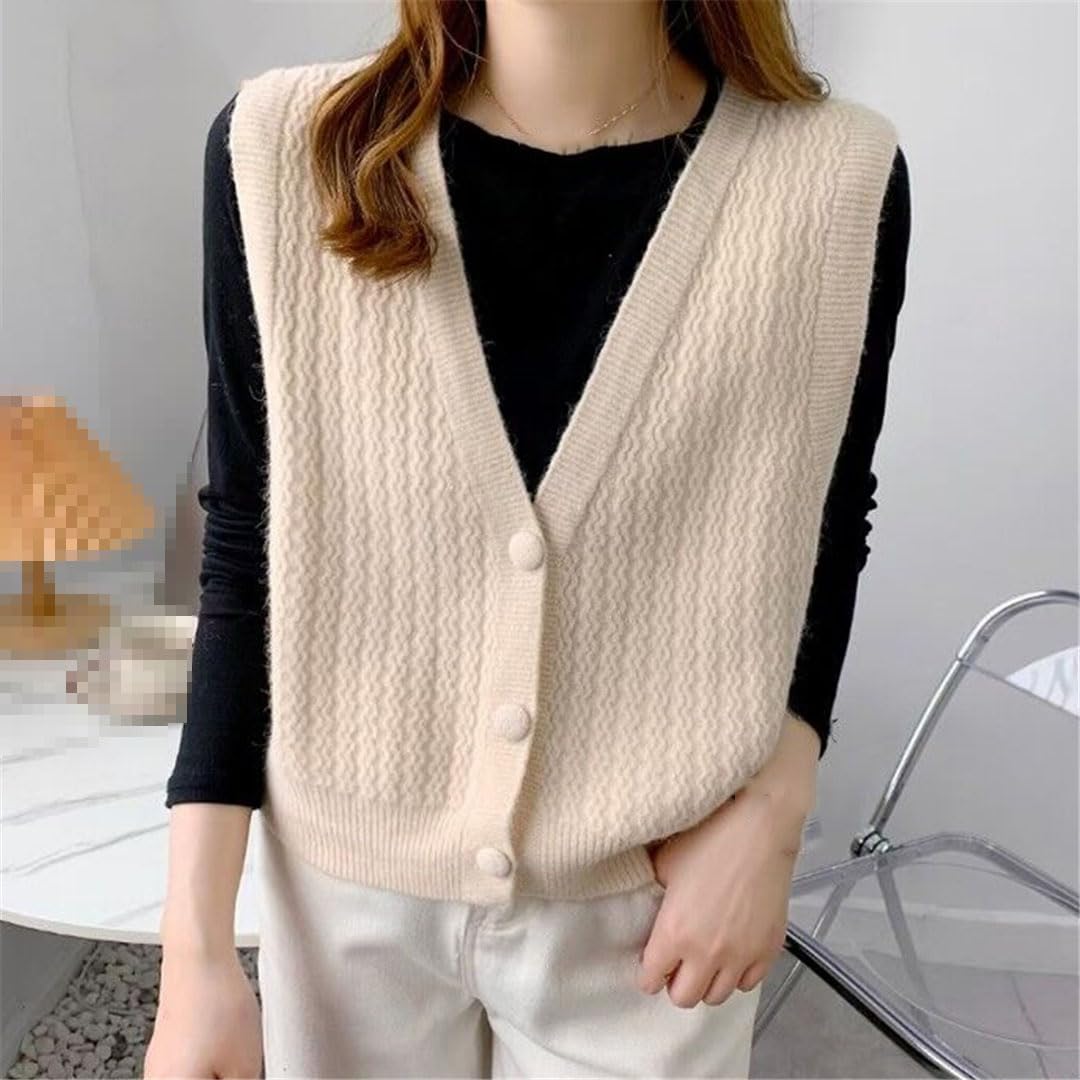 Alloaone Cardigan Tricoté sans Manches pour Femmes, Col en V, Pull, Pull À Simple Boutonnage