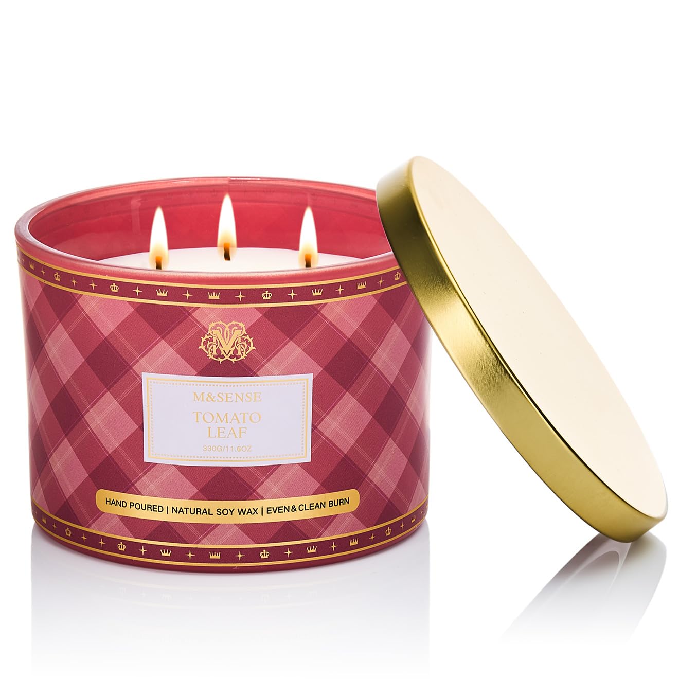 M&SENSE Plaid Pattern 3 Wick Soy Candles,11.64 oz Large Tomato Leaf Scent Candle for Relaxation, Gifting, Home Décor | for Bedroom, Office, Party