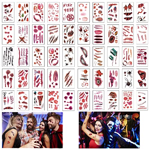 Tatouages Temporaires Halloween, 50pcs Tatouages d'Halloween,kit de Autocollants Scar, Horreur Realiste Temporaire Tatouage,Tatouages de Cicatrice d'Halloween Accessoires de Fête Cover