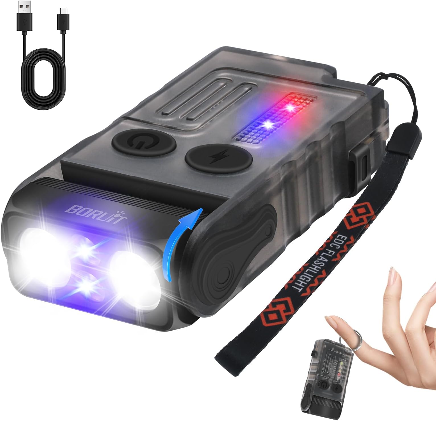 BORUIT V20 Small Flashlight EDC Flashlight with Clip,365nm UV,180°Head Swivels,Super Bright USB C Rechargeable Mini Pocket Keychain Flash Light,110DB Buzzer,with COB Light-13 Mode