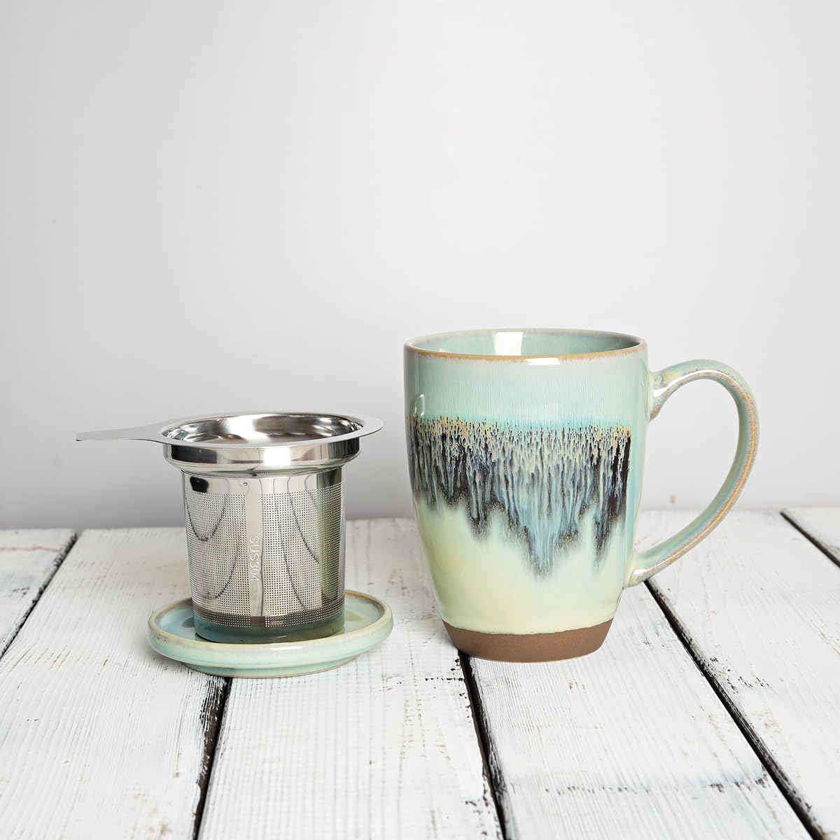 Bosmarlin Ceramic Tea Cup with Infuser and Lid, 13.5 Oz, Loose Leaf Tea Steeper Mug with Strainer, Microwave and Dishwasher Safe, Reactive Glaze (13.5 Oz, Turquoise Green Light) - Image 6