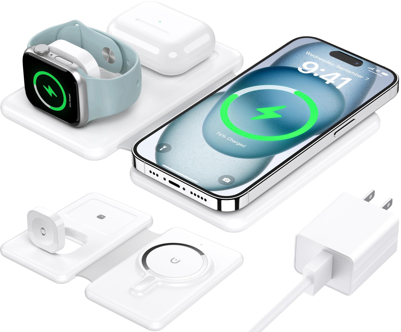 Photo 1 of Wireless Charger for iPhone - 3 in 1 Charging Station for Apple Devices, Travel Magnetic Charger pad for iPhone 15 14 13 12 pro max & AirPods 3/2/Pro & Apple Watch White