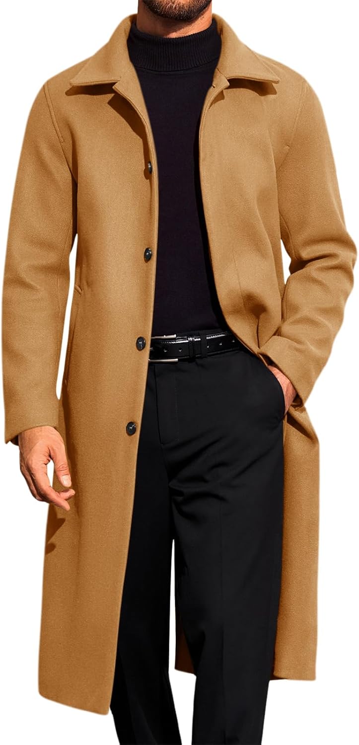 Runcati Mens Long Trench Coat Single Breasted Lapel Overcoat Casual Fall Winter Warm Peacoat