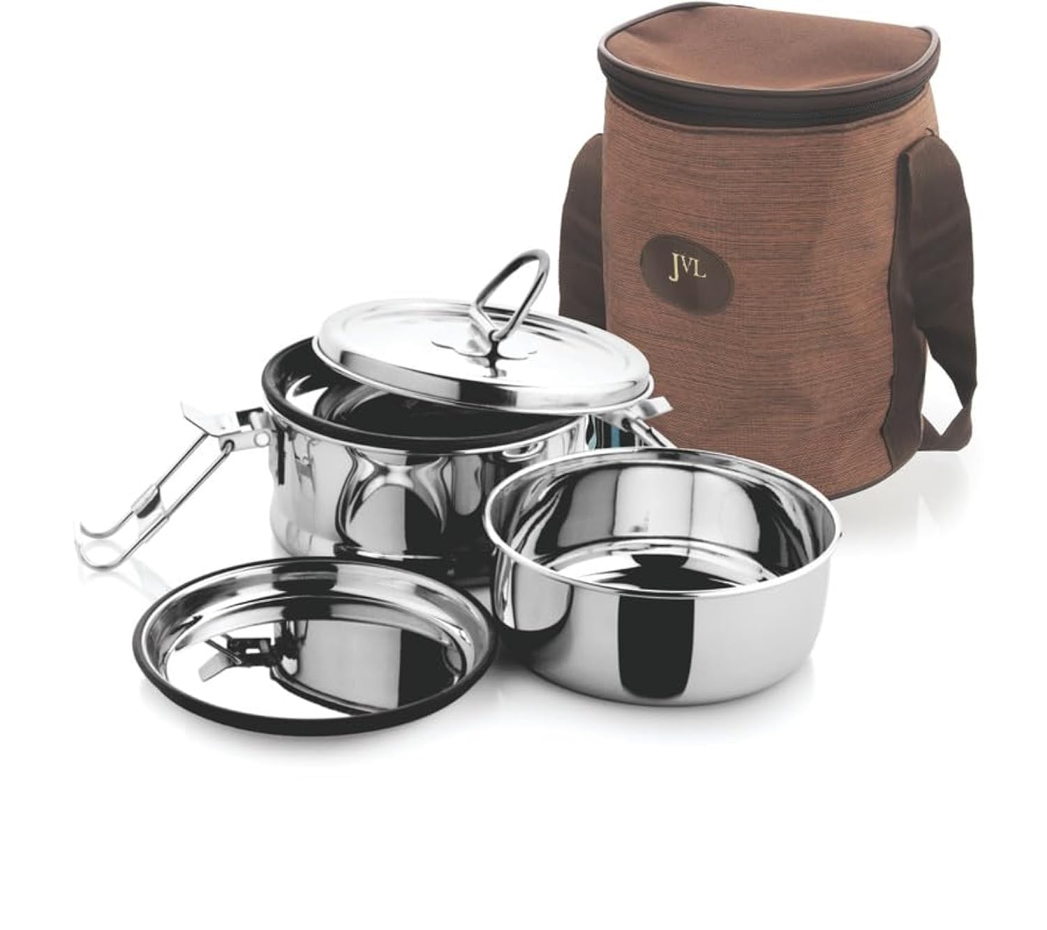JVL Stainless Steel Lunch Box for Kids, Double Two Layer Leakproof Tiffin Box for School and Office use with Inner Plate - Round (Large Size)-image-48
