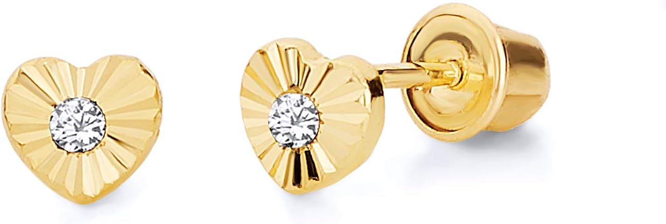 14k Yellow Gold 4mm Heart Stud Earrings with Screw Back