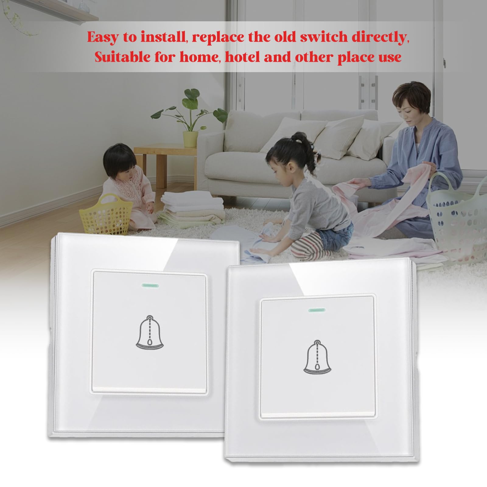 Interrupteur de Sonnette, 8,6×8,6cm Bouton Sonnette Exterieur en Verre Trempé avec Vis, 16A 220~250V Exterieur Etanche Bouton de Pression Encastré pour Maison, Hôtel (Blanc)