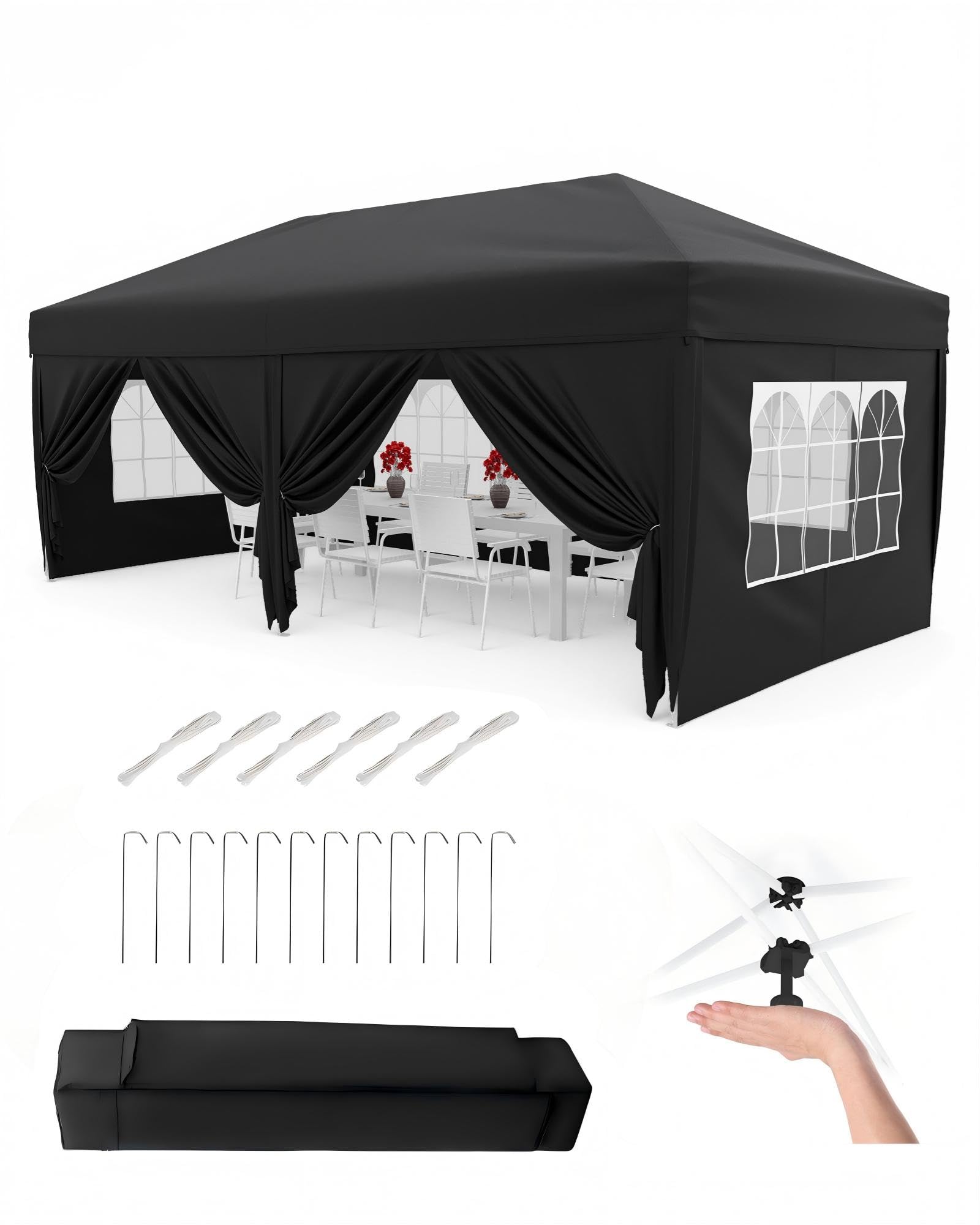 Aptliton 3x6M Pop Up Gazebo with 6 Sidewalls, Waterproof Outdoor Gazebo UPF 50+ with Portable Carry Bag, 3 Adjustable Height, 4 Weight Bags, 8 Stakes & 6 Guy Ropes, Black