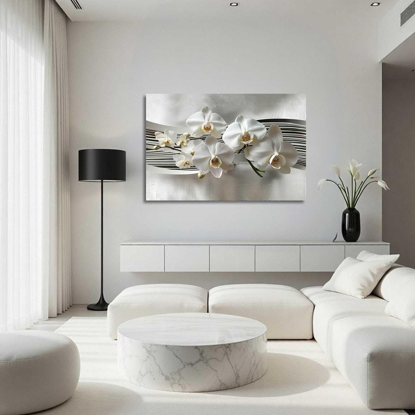 YMXDYMJSW Large Orchid Canvas Wall Art White Orchid Flowers Pictures Print Abstract Floral Painting White and Silver Flower Poster for Living Room Bathroom Decor (Grey, (20L x 30W))