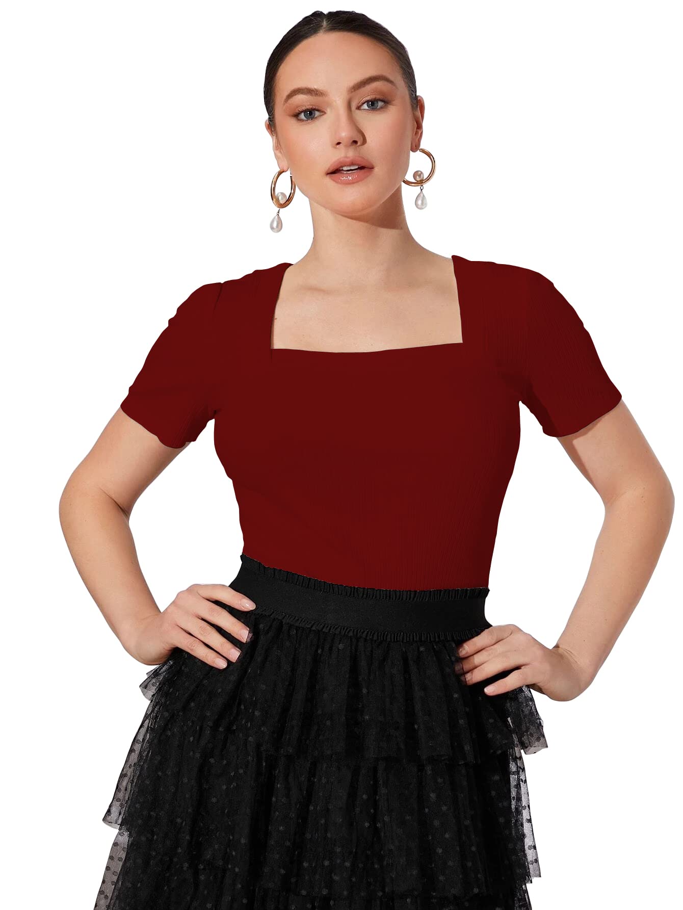 Shasmi Women's & Girl's Solid Knitted Square Neck T-Shirts Short Puff Sleeve Tops (TOP 52)