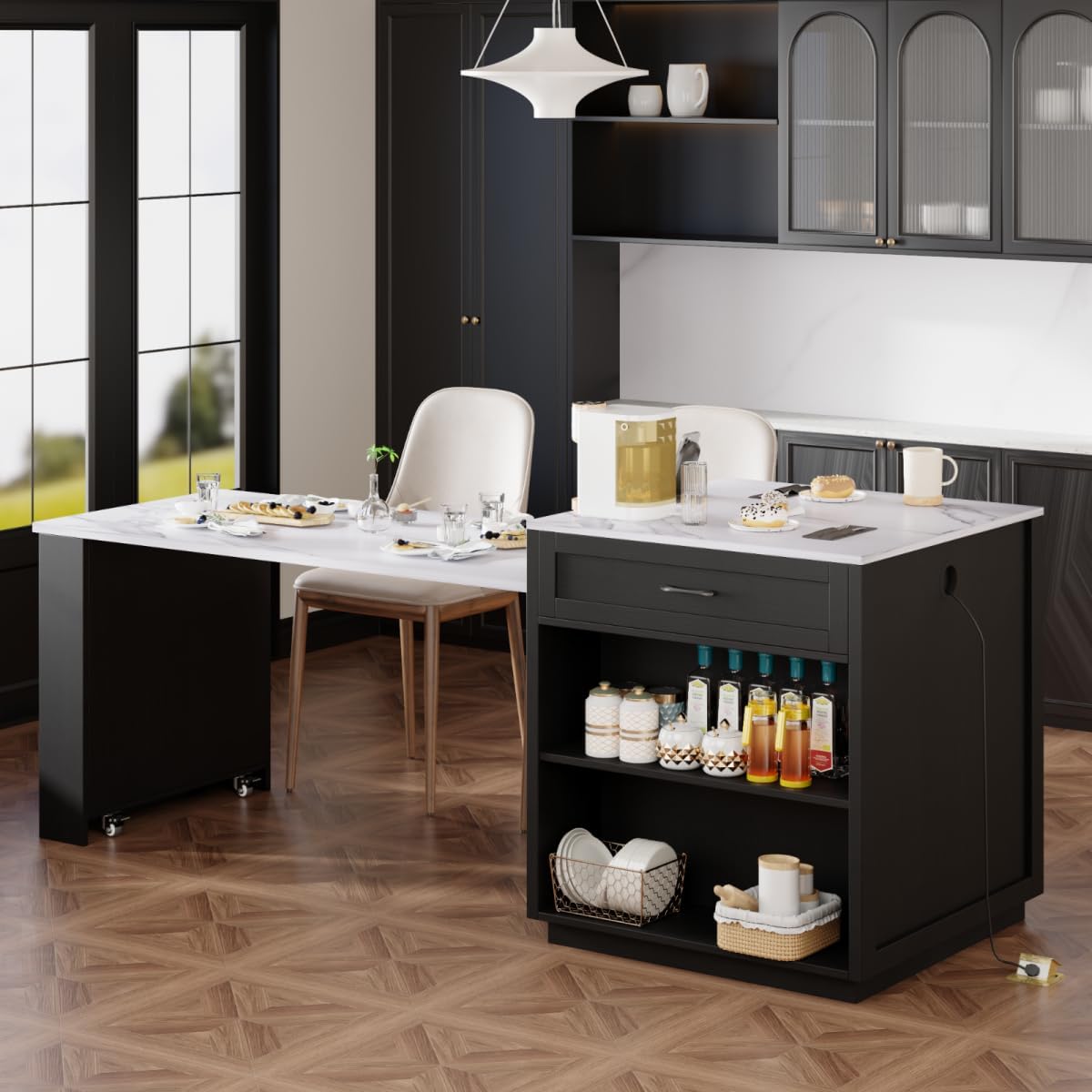 Extendable Kitchen Island with Expandable Table & Power Outlet, Faux Marble Countertop Island with Pull Out Table & 2 Drawers Storage for Kitchen Dinning Room (Black)