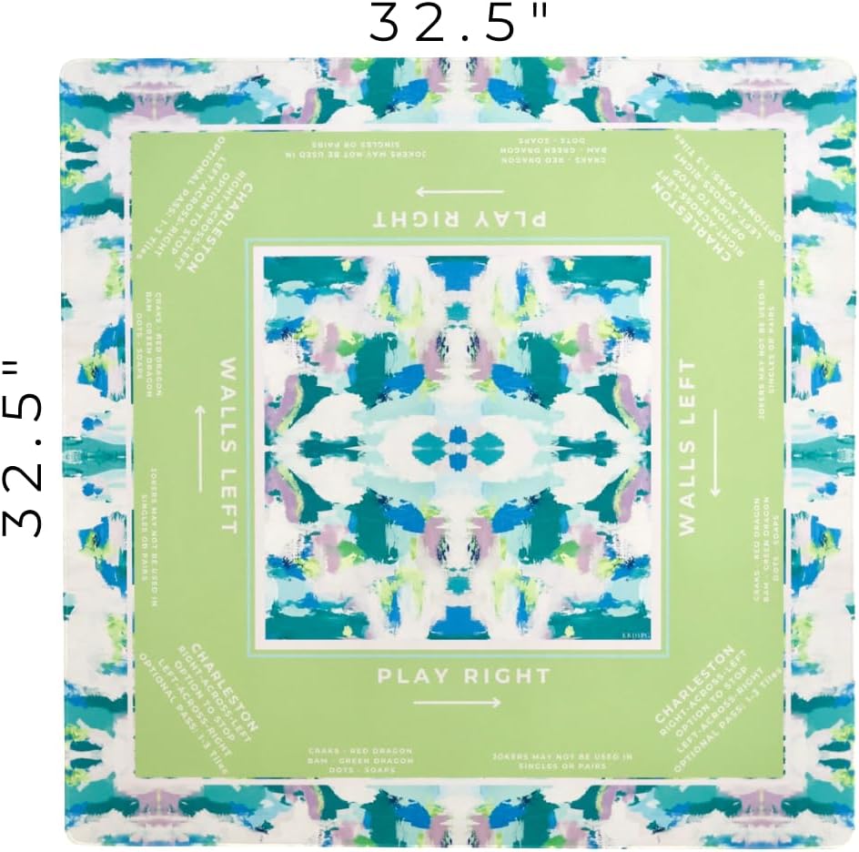 KRD x Preppy Goods Seaglass Garden Mahjong Mat - Blue & Green Grandmillennial Mahjong Playing Mat with Instructional Layout for American Mahjong