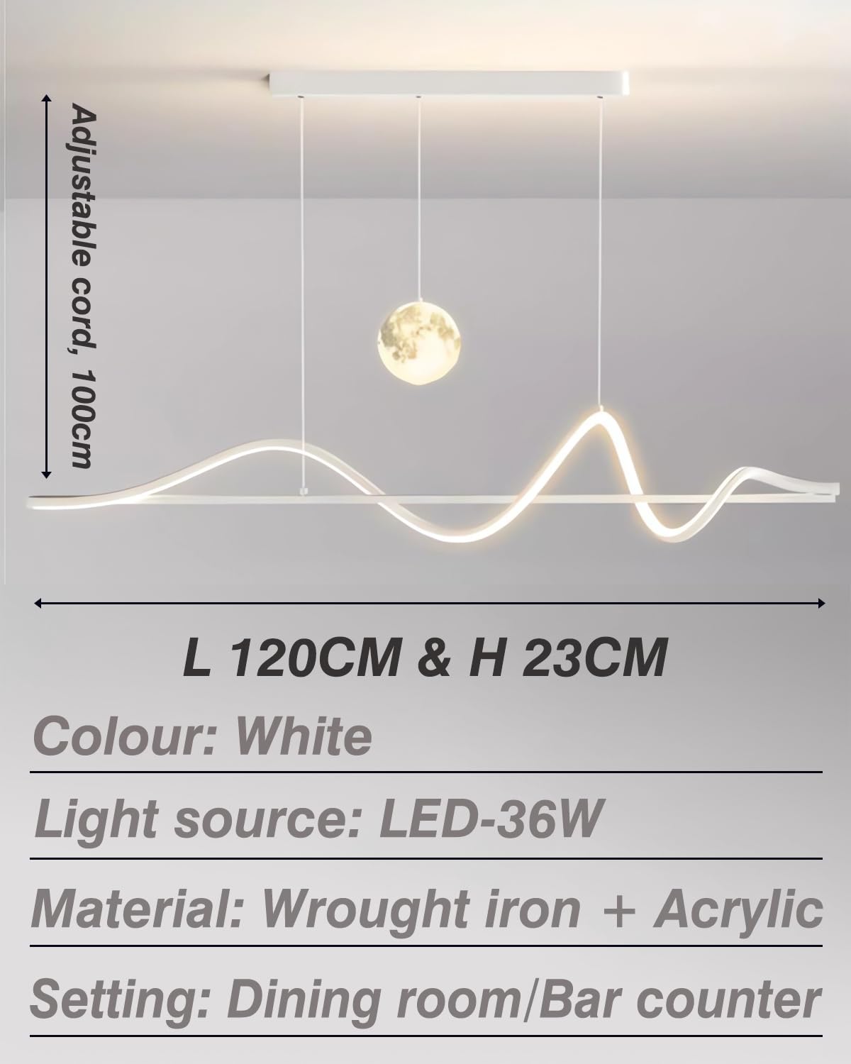 Nowoczesny żyrandol spiralny, lampy wiszące LED do kuchni,lampa wisząca liniowa z regulacją wysokości,ściemnialna lampa do jadalni z pilotem,kuchni,salonu,jadalni,sypialni (Biały, 120CM)