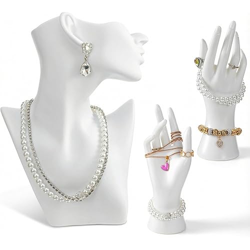 3 Pcs White Jewelry Display Mannequin Set Including Boutique Bust Holder and Hand Models Bracelet Ring Earring Showcase Display Holdor Stand for Boutique and Photography