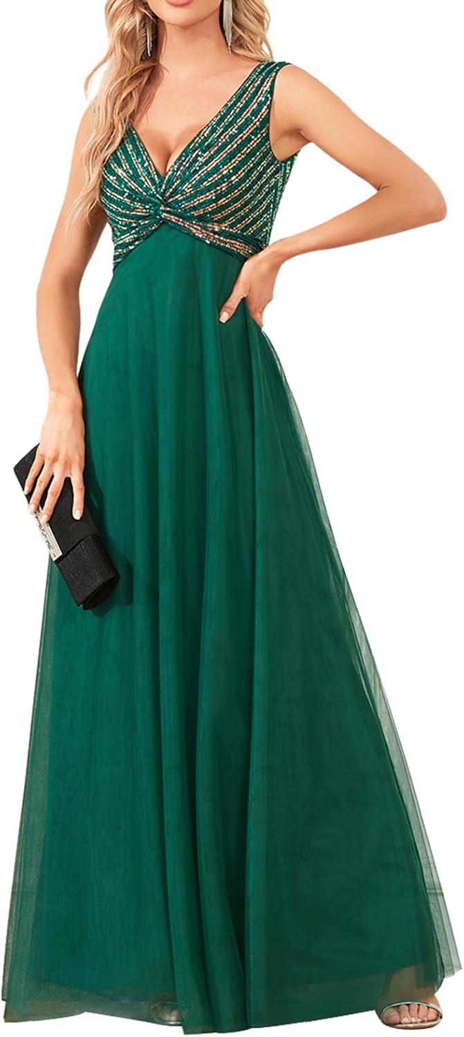YHHOWEP Women Sequin Maxi Formal Evening Party Dresses Glitter Empire Waist V Neck Sleeveless Tulle Wedding Guest Dress Dark Green M