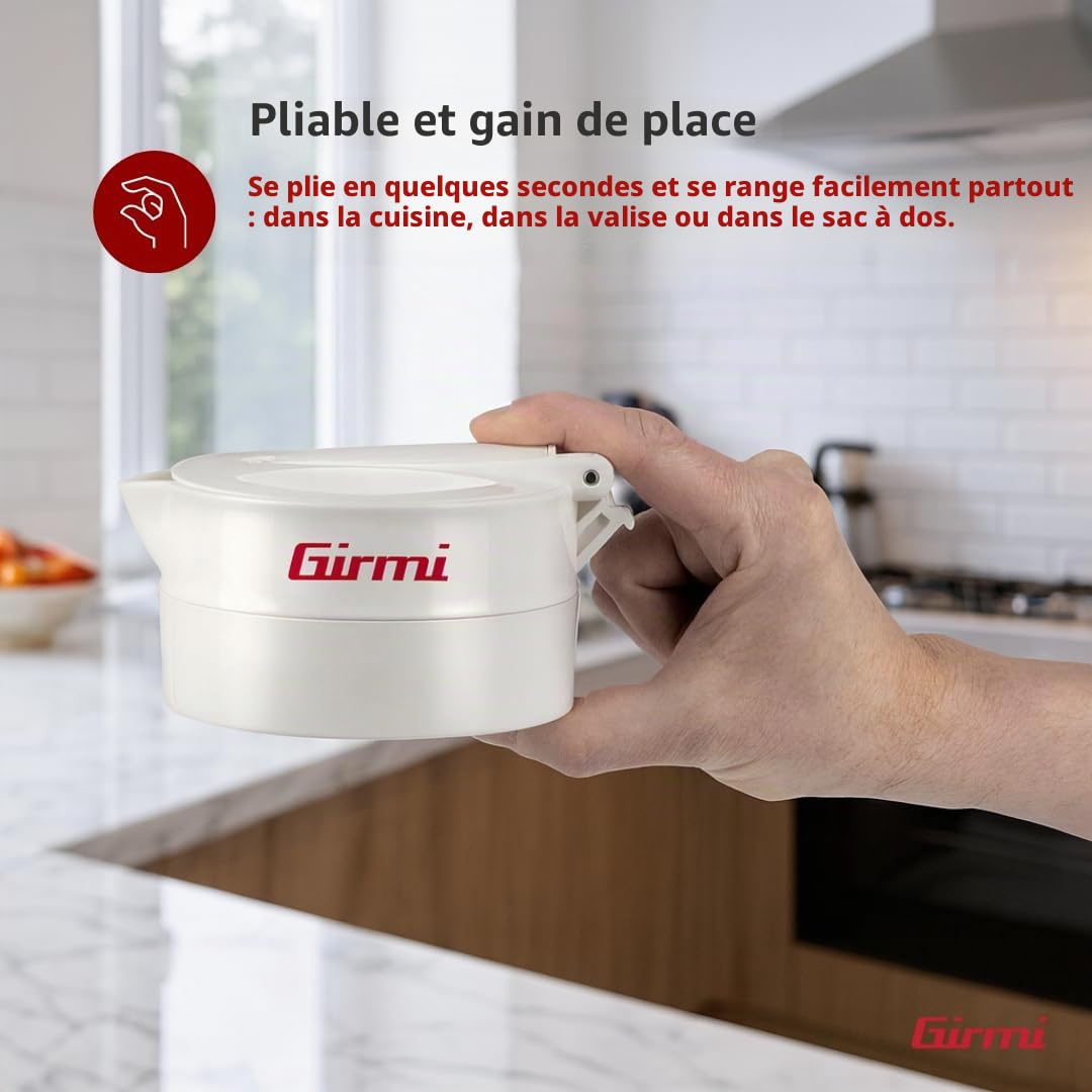 Girmi BL03 Bouilloire pliable de voyage, carafe en silicone, capacité 0,6 litre, 600 W, peu encombrant, sans BPA, câble amovible, blanc