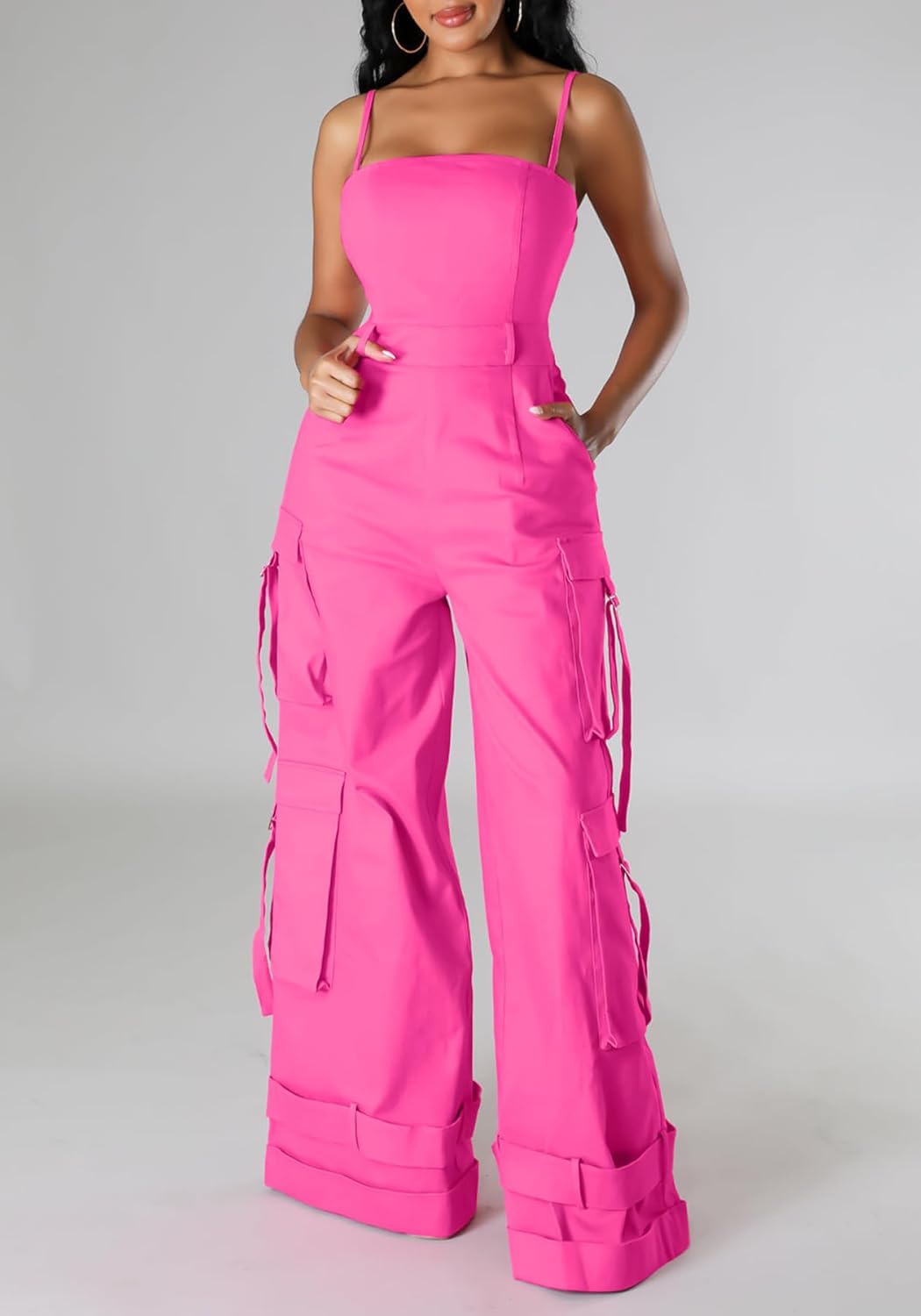Tbahhir Women Casual Cargo Jumpsuits Sleeveless Strap High Waisted Jumpsuit Wide Leg Romper with Pockets Party Club - Image 6