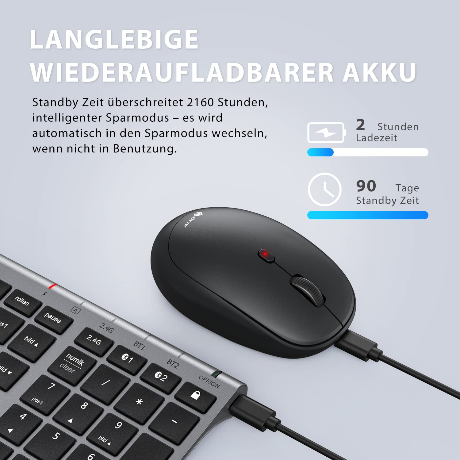 iClever Bluetooth Tastatur mit Maus, Wiederaufladbare Dualmodus USB & Bluetooth Tastatur aus Metall, 3 Geräte Verbindung Deutsch QWERTZ Funktastatur, für PC/Tablet/MacOS (Grau)