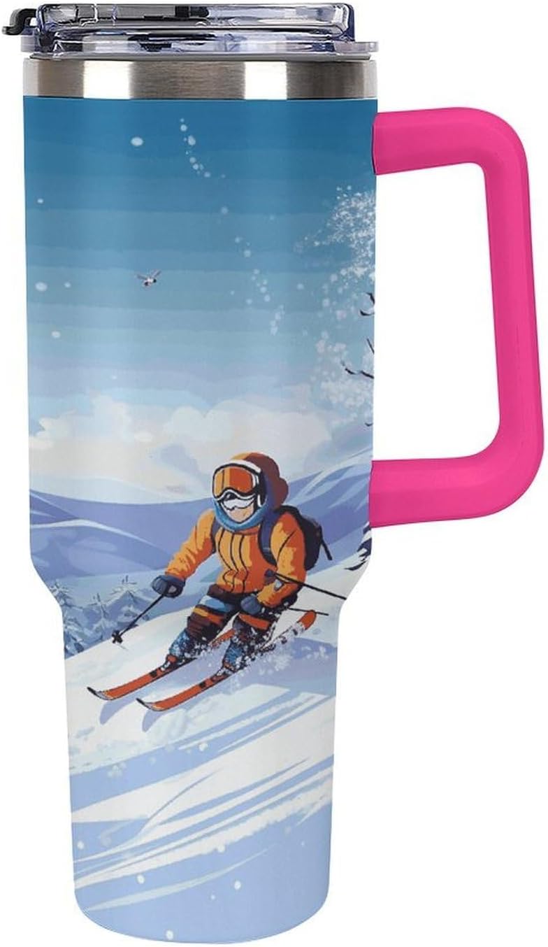 40 Oz Insulated Mug with Handle, Stainless Steel Winter Skiing Printed Travel Mug Portable Leak-proof Large Car Mug for Home, Office Or Car