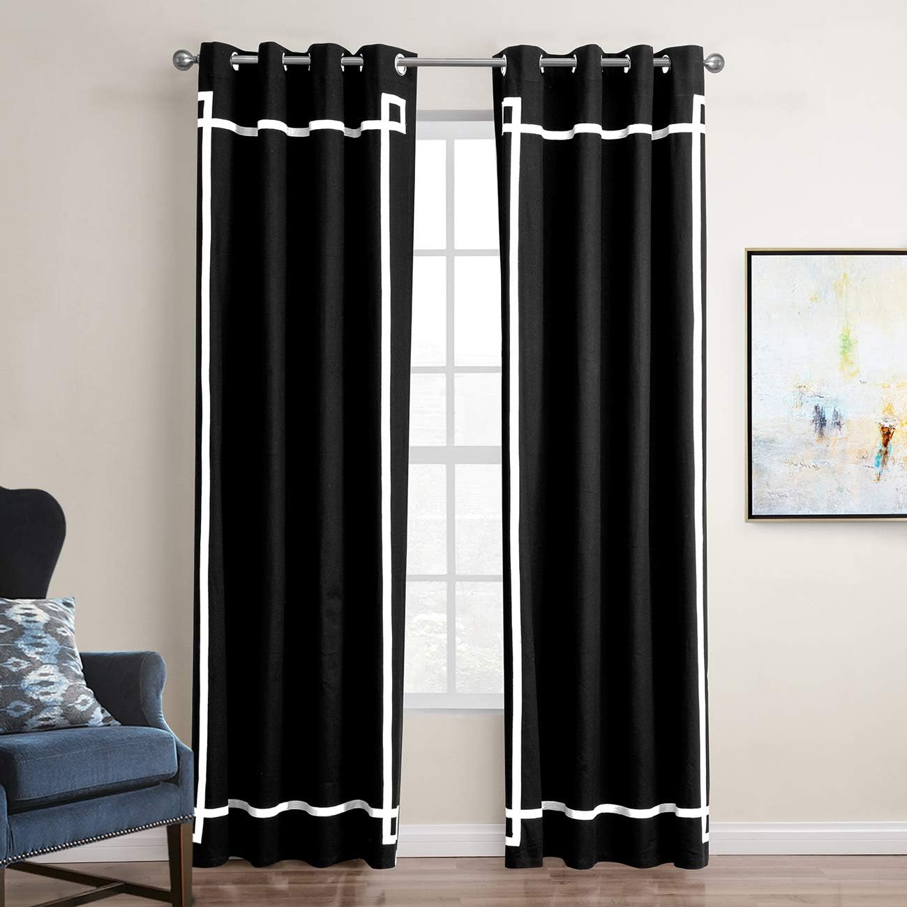 KindoBest Black Ribbon Pattern Gromment Curtain(1 Panel) 100% Cotton/Drape/Treatment for Bedroom/Living Room Size (52W×95L inch)