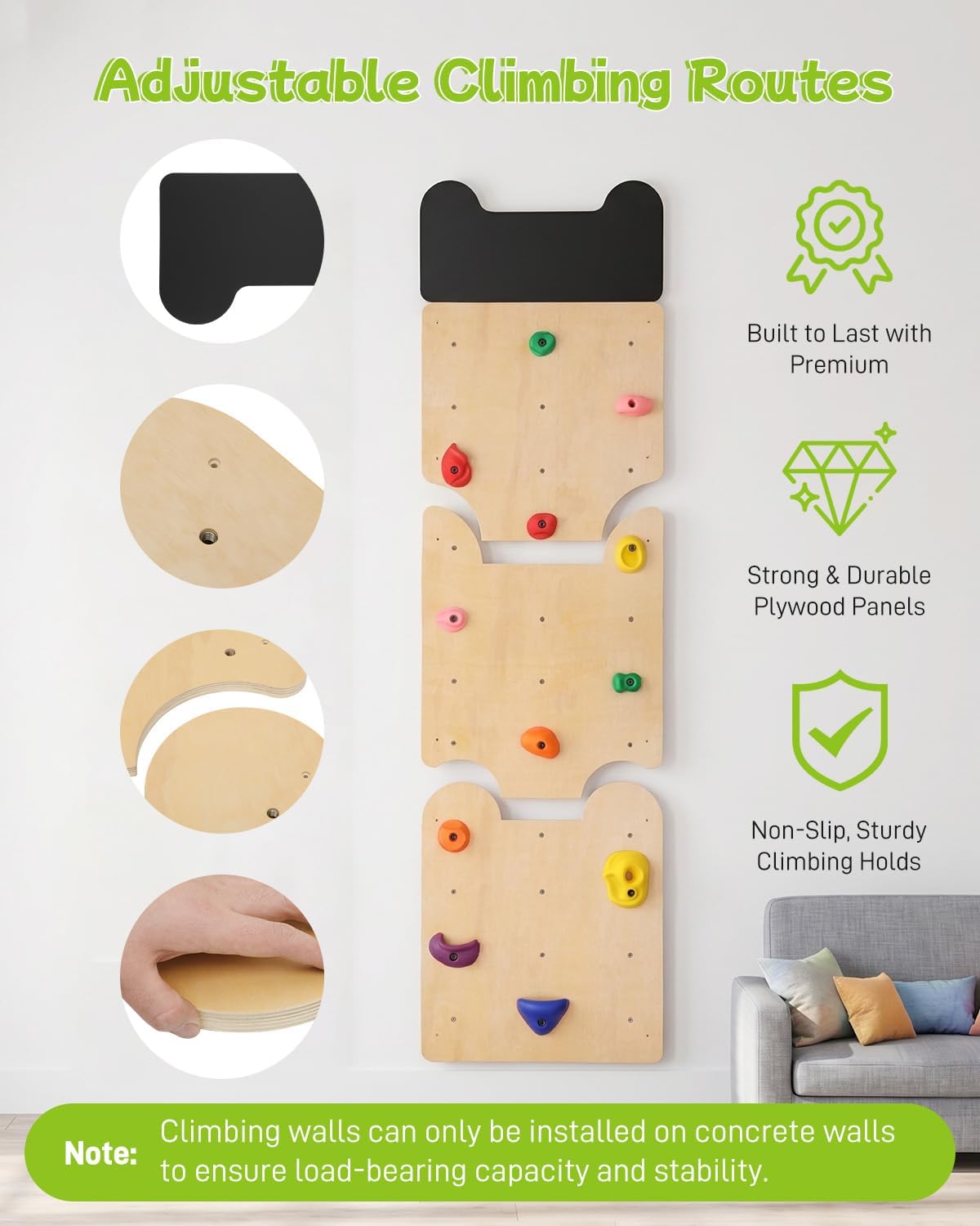 noblequest Wooden Rock Climbing Wall for Kids, Indoor Climbing Wall Panels with 12 PP Rock Holds, Customizable Routes Climbing Toy for Playroom Home Gym, Adjustable for 3+ Years